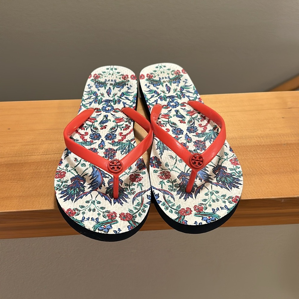 Tory Burch Red Strap Floral Flip Flops